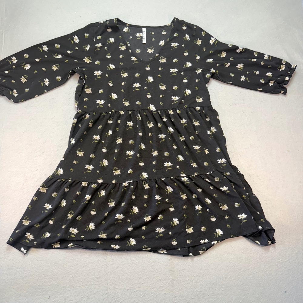 RnB Collection Plus Size‎ Black Floral Tiered Mini Dress 3/4 Sleeve V-Neck 1X